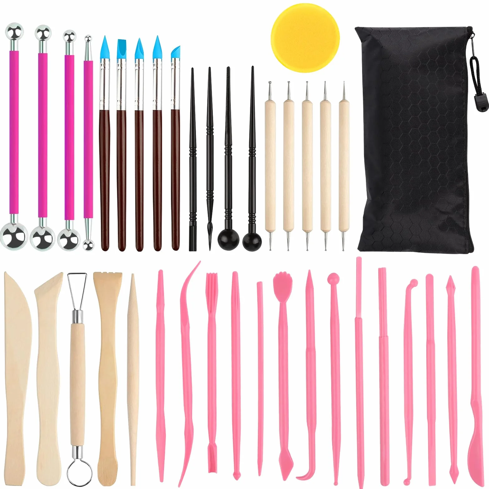 Strumenti Argilla，Kit Ceramica，Attrezzi Ceramica,38Pezzi Strumenti con Borsa Portatile，Attrezzi Ceramica,Sculpting Tool ，per Scultura in Argilla e Cake Torta Design，Fai da Te Artistico