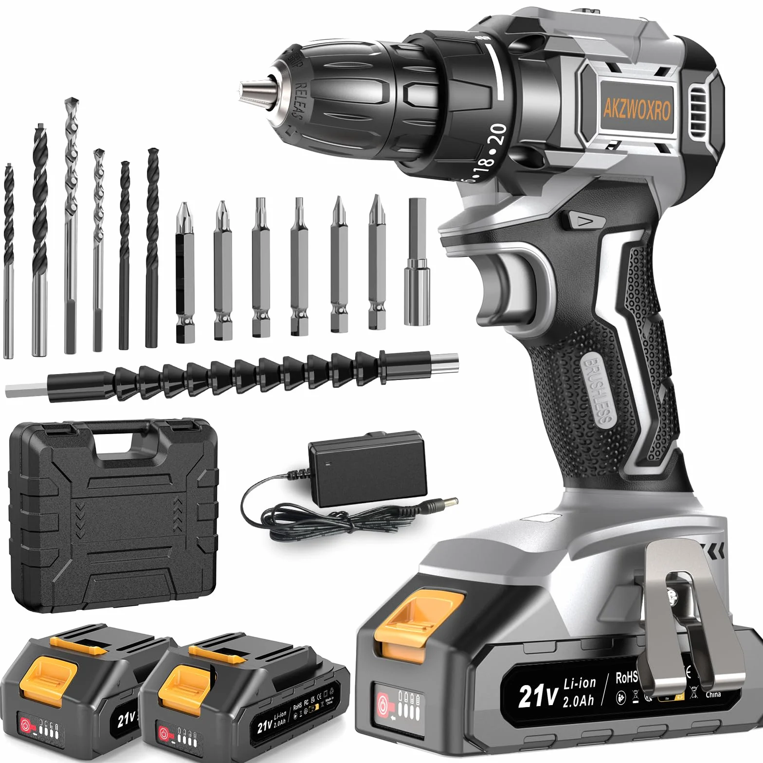 Trapano Avvitatore Batteria 21V, Brushless Avvitatore a Batteria con 2 Batterie da 2.0Ah, 45N.m di Coppia, 2 Velocità, 20+1 Coppia, 14 Accessori, Luce a LED, Per il fai da te, Grigio