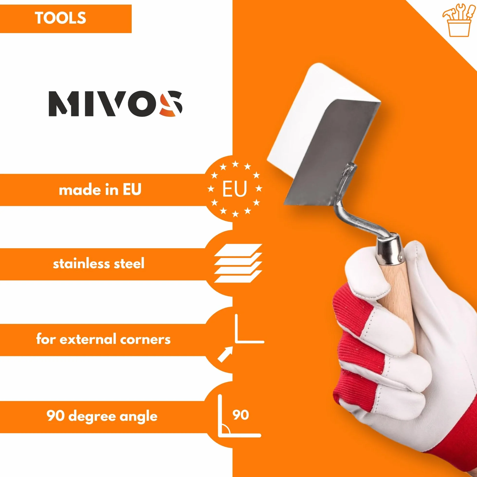 Mivos Cazzuola Angolare Esterna 80 x 60 mm in Acciaio Inox - Spatola Angolare per Stucco per Angoli Esterni - Manico in Legno - Spatola Antiruggine - Angolo di 90° - Prodotto in UE