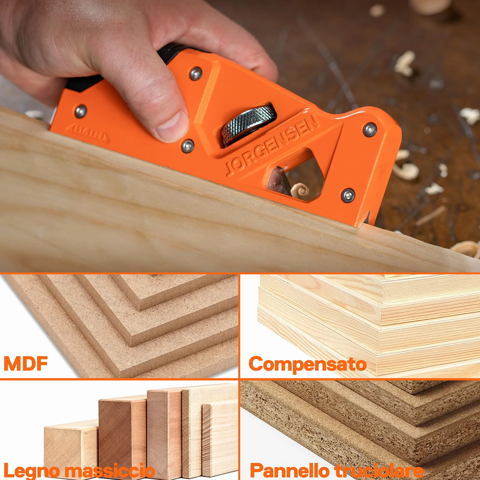 JORGENSEN Pialla a Manuale Mano per Legno Suite 4 Teste di Taglio 45°/3/5/6mm, Piano Angolare per Lavorazione del Legno