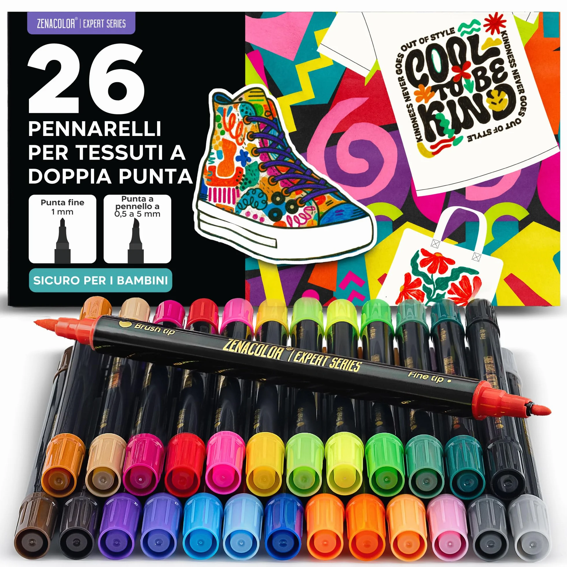 Zenacolor 26 Pennarelli per Tessuti Doppia Punta - Colori per Tessuti Permanenti e Lavabili - Pennarello Indelebile per Vestiti, Borse