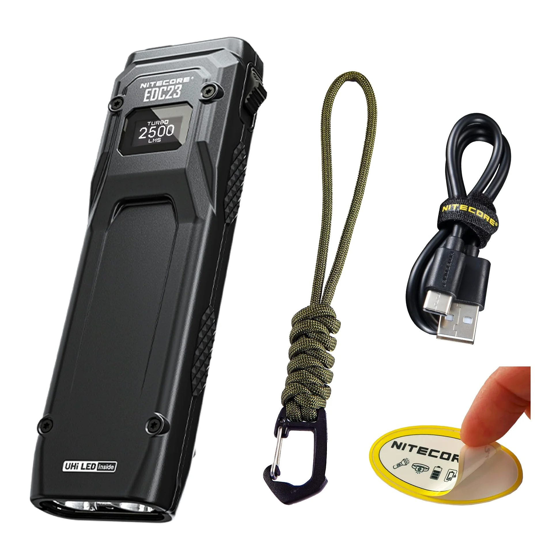 Nitecore Torcia EDC23 LED, 2500 lumen, ricaricabile, forma piatta, luce portatile, display OLED, interruttore blocco meccanico