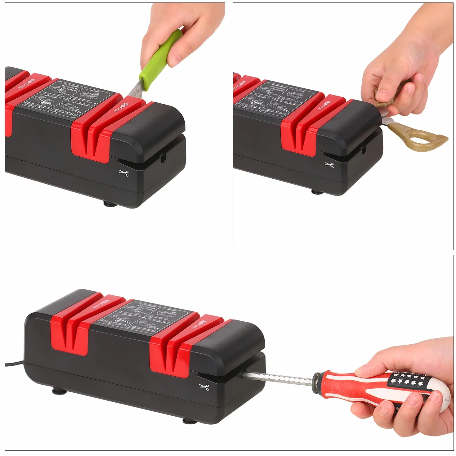 Weytoll Affilacoltelli elettrico, con spazzola pulita e 3 dischi abrasivi intercambiabili, smerigliatrice elettrica a forbice, con smussatura a 15 gradi e scanalature sottili per diritto