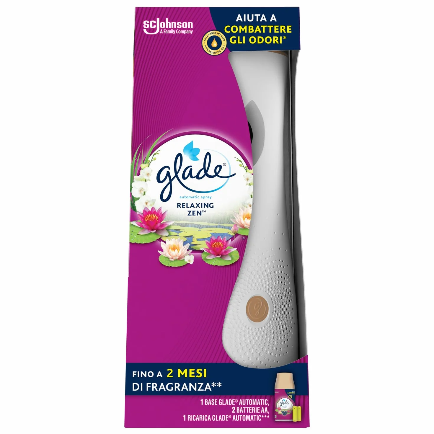 Glade Automatic Spray, Profumatore per Ambienti, Base con Ricarica, Fragranza Relaxing Zen, Confezione da 1 Diffusore e 1 Ricarica 269 ml, 2 Pile AA