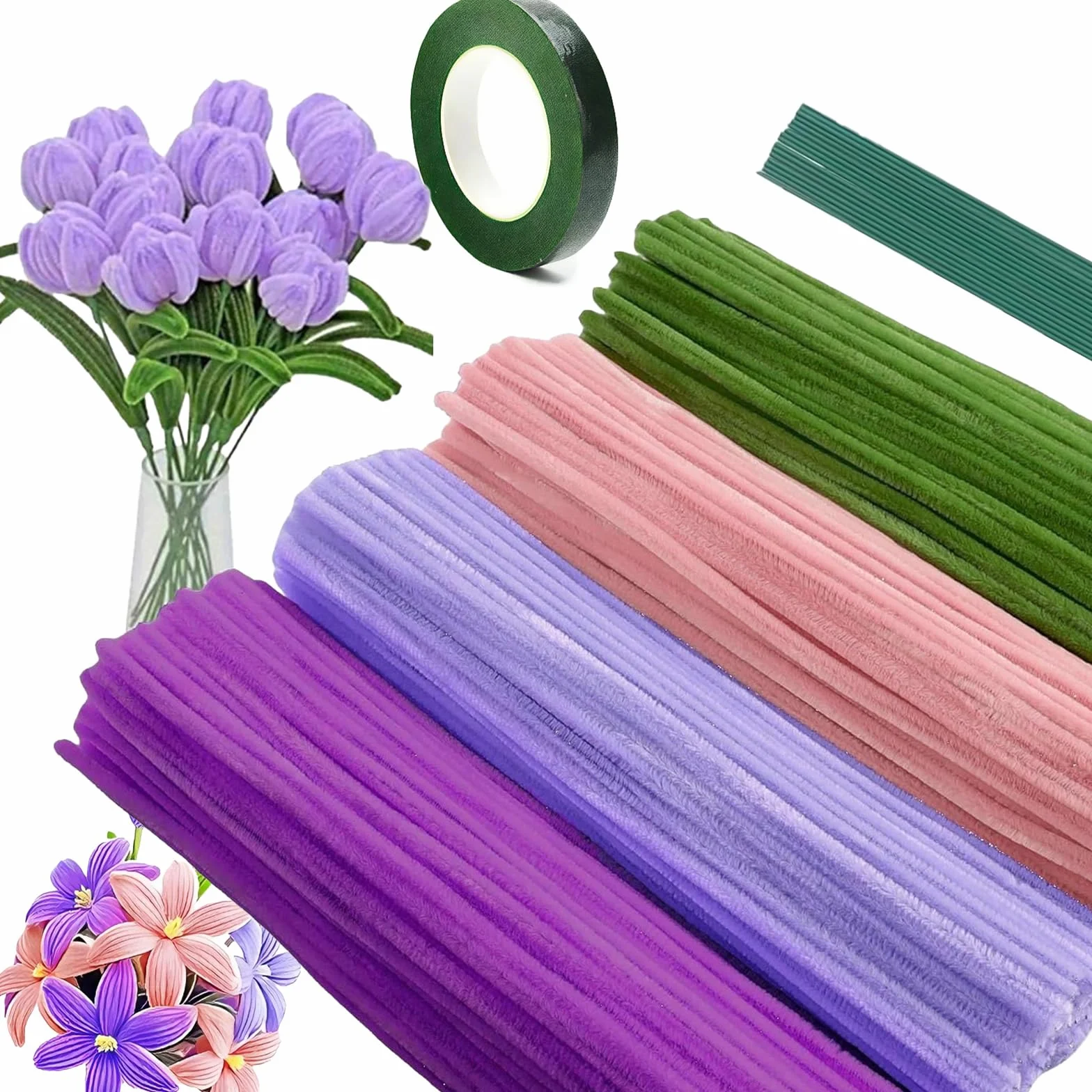 MFCGHXR 400 Pezzi Filo di Ciniglia in 4 Colori per Lavori Fai Da Te, Steli Metallico, Nastro Adesivo e Stammi per Composizioni Floreali, Biglietti e Carta da Regalo