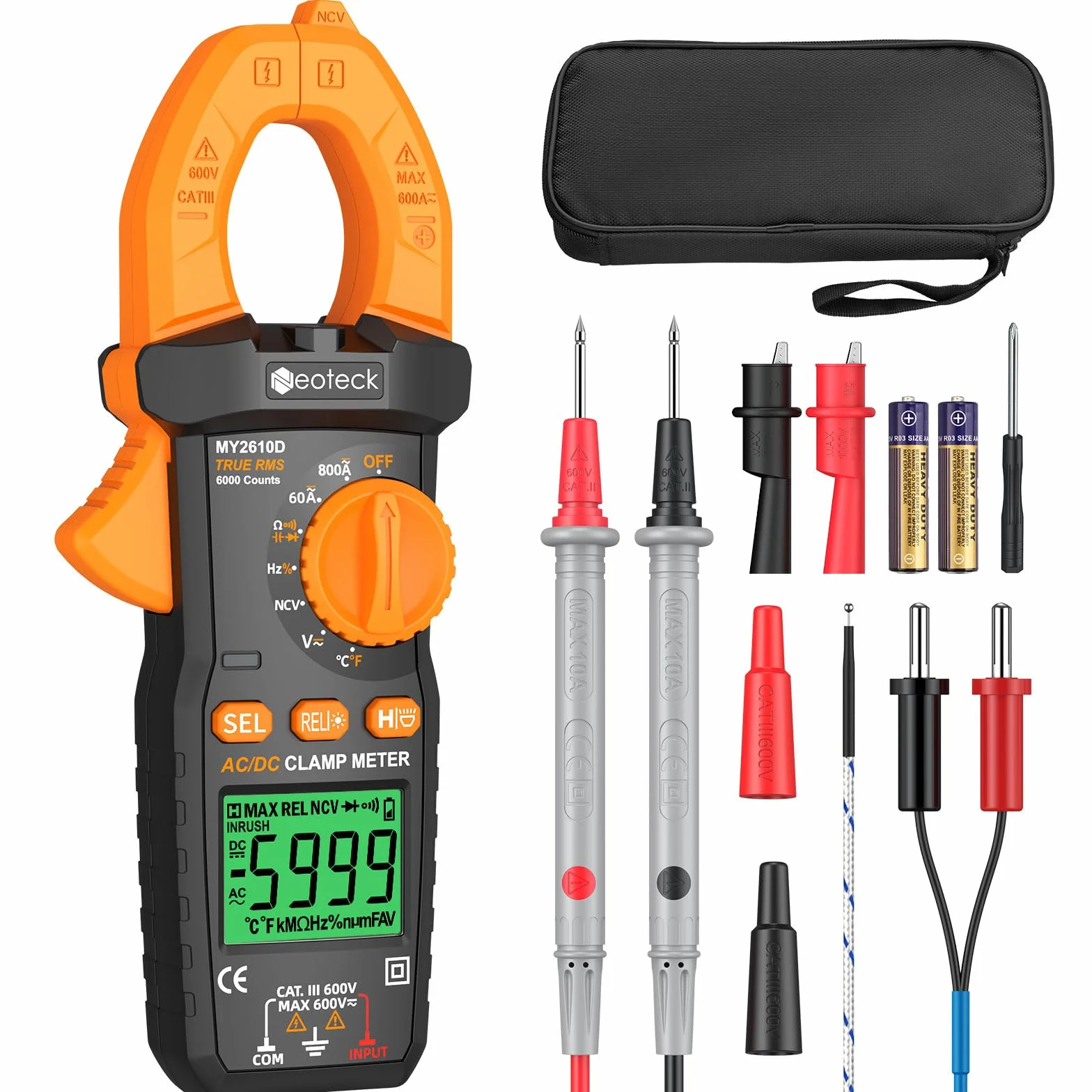 Neoteck Pinza Amperometrica Digitale TRMS 6000 Conteggi – 800 A Corrente AC/DC, Tensione AC/DC, NCV, Continuità, Capacità, Resistenza, Frequenza, Test Diodi e Temperatura, Retroilluminazione e Torcia