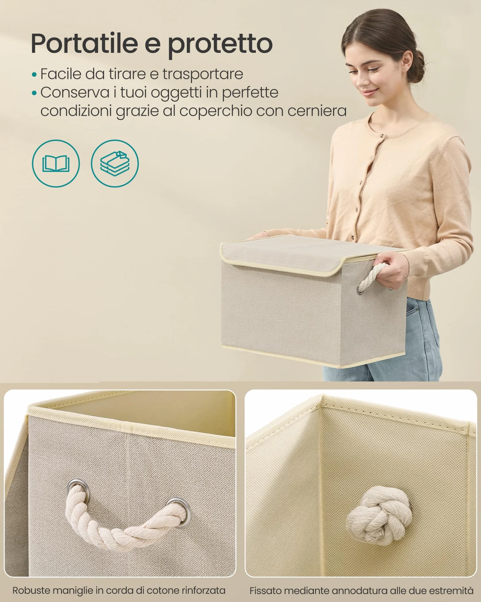 SONGMICS Scatole Portaoggetti con Coperchio, Set di 3, Contenitori Pieghevoli, 38x25x25 cm, Beige Sabbia