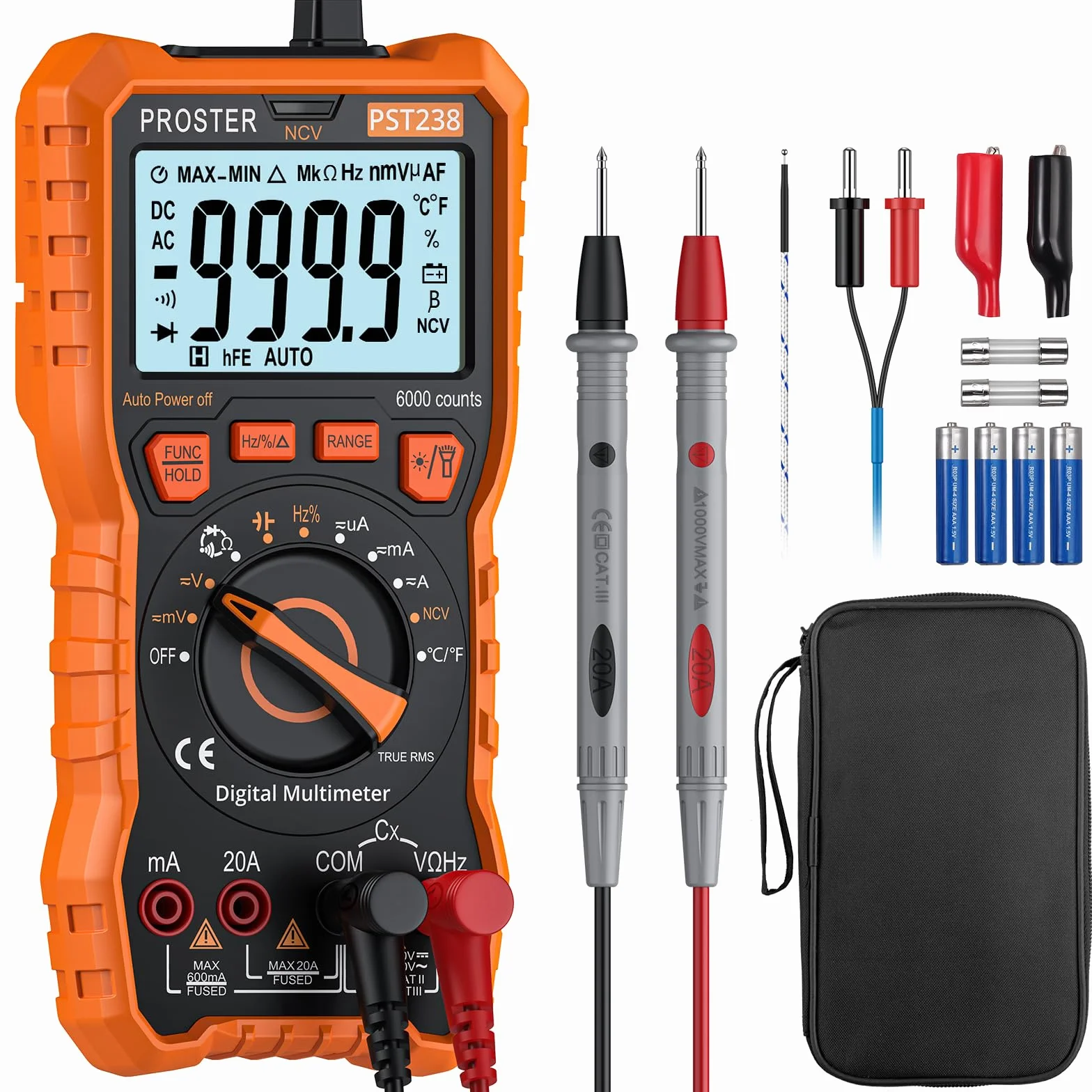 Proster Multimetro Digitale 6000 Conteggi 20A 1000V TRMS Auto Range NCV Tester di Tensione Corrente DC AC Temperatura Capacità Resistenza Diodo Continuità con Borsa