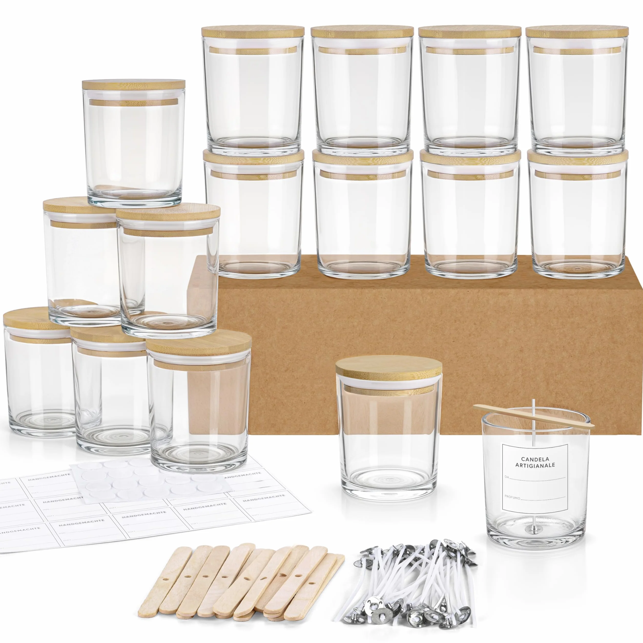 Winter Shore Barattolo di Vetro da 300 ml con Coperchio di Bambù (16 Pezzi) - Kit per Candele, Barattoli di Vetro Premium, Stoppini ed Etichette - Contenitori per Empty Candle