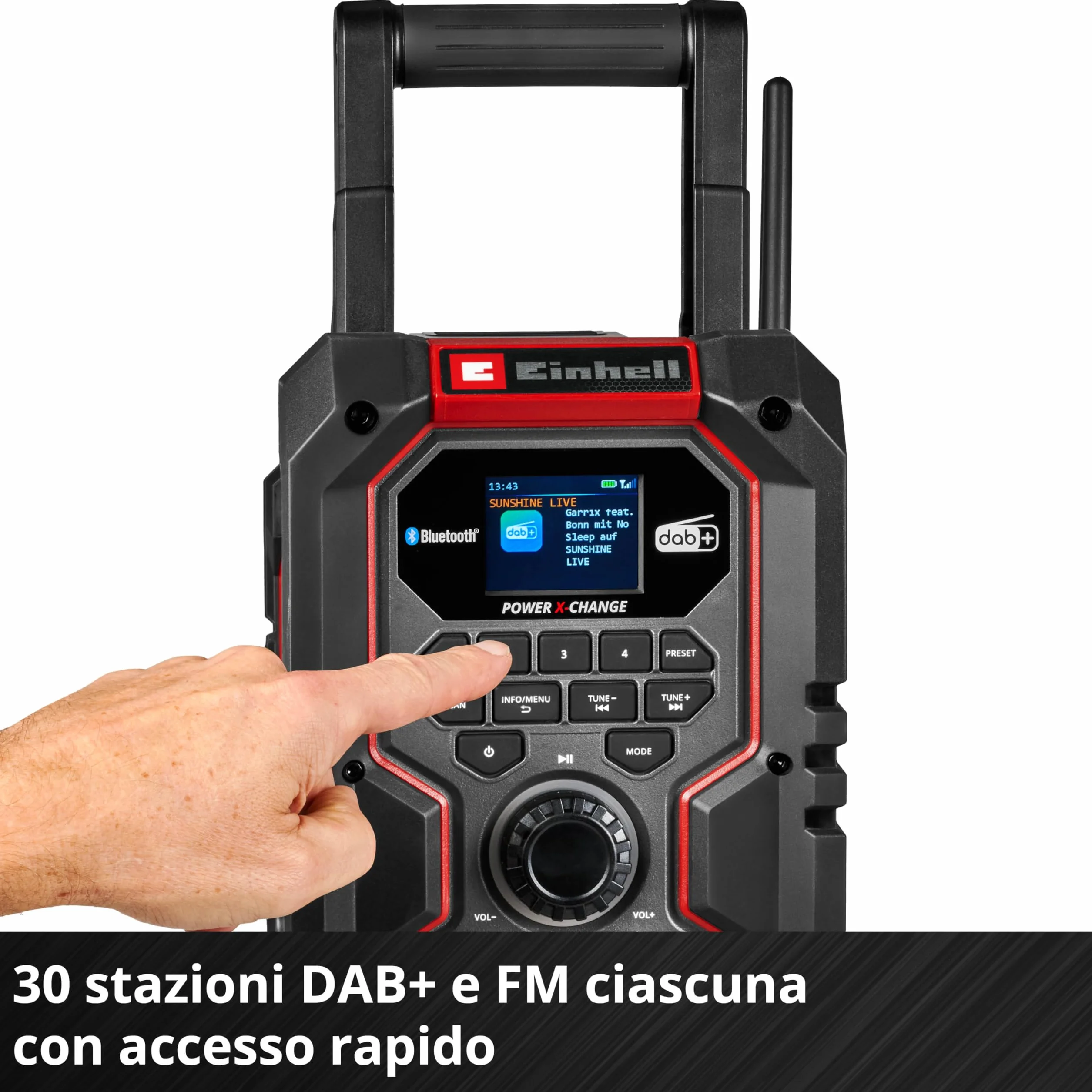 Radio da cantiere Einhell TE-CR 18 Li DAB+/FM/BT - Solo Power X-Change (18 V, DAB+, FM, Bluetooth, AUX, USB, ricerca automatica dei canali, display TFT a colori, IP65, senza batteria)
