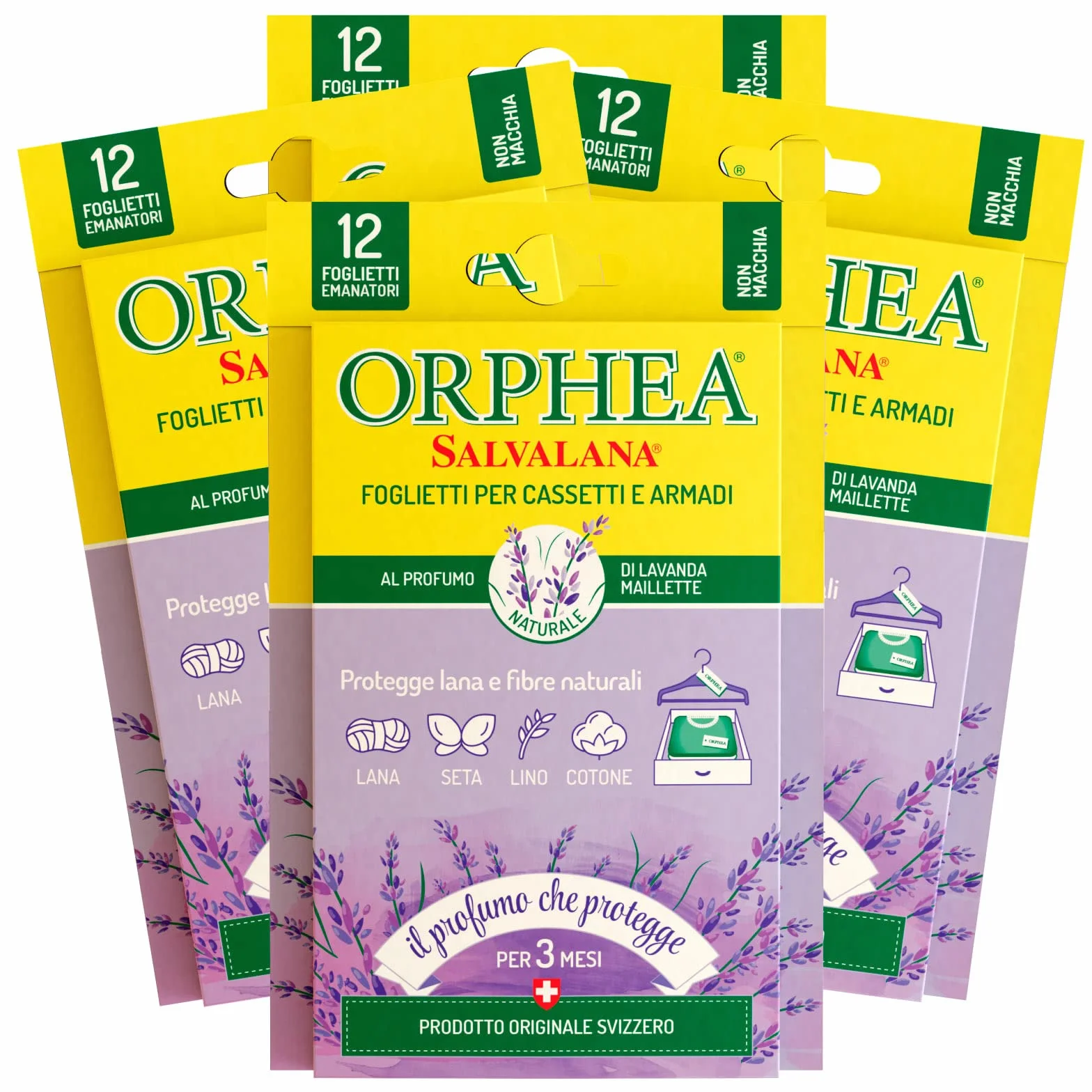 Orphea 4X Salvalana Foglietti per Cassetti e Armadi Protegge Lana e Fibre Naturali al Profumo di Lavanda Maillette - 4 Confezioni da 12 Foglietti Ognuna