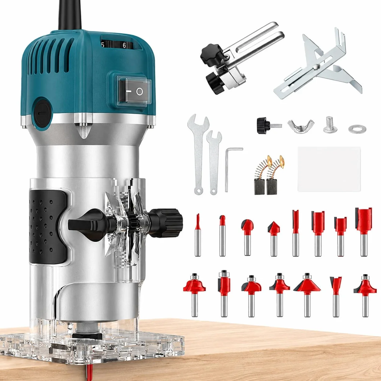 VOBOR Rifilatore Fresatrice Verticale, 800W 30000 RPM Fresatrice Elettrica per Legno con 15 pezzi 1/4" Fresatura Cuter e Mandrino 6/6.35mm, Fresa in Legno Taglialegna Professionale Utensili