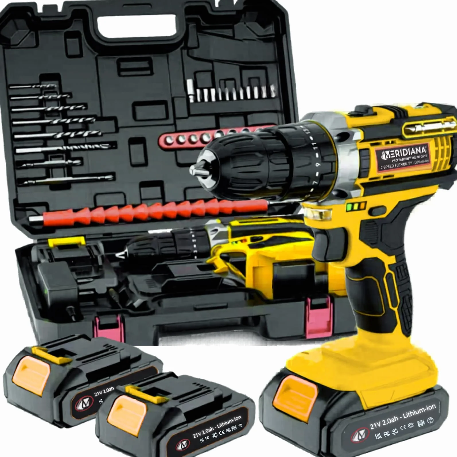 Meridiana - Set Trapano Avvitatore a Batteria, 21V Trapano a Percussione, con 2 Batterie, Bussole, Inserti Torx,2 Velocità, LED Luce e Prolunga Flessibile per Montaggio, Riparazioni e Manutenzione.