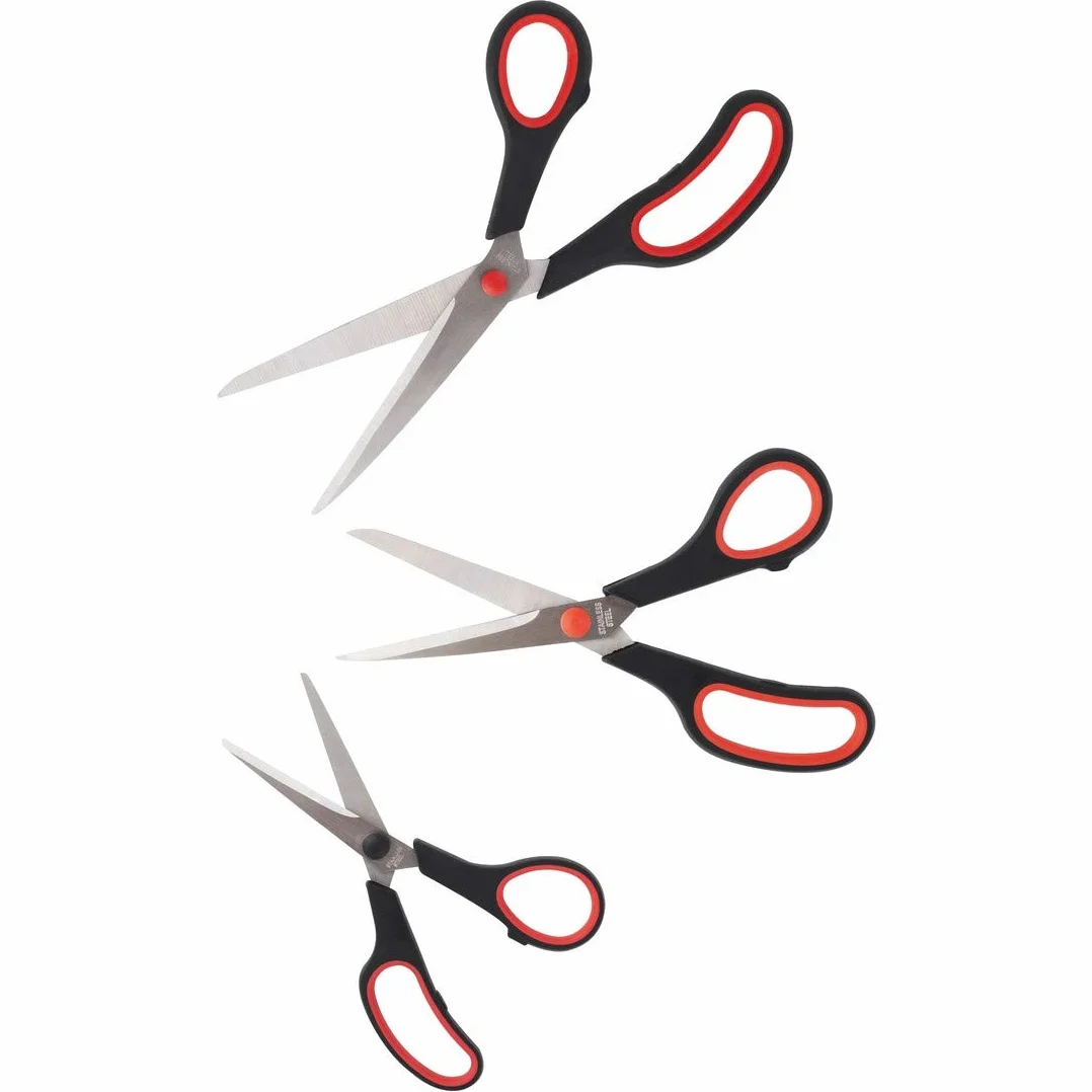 D.RECT Set di Forbici 3 Pezzi 16/21/25 cm, Forbici in Acciaio Inox con Impugnatura Gommata da Ufficio e Casa per Carta, Cartone, Pellicola e Nastro Adesivo