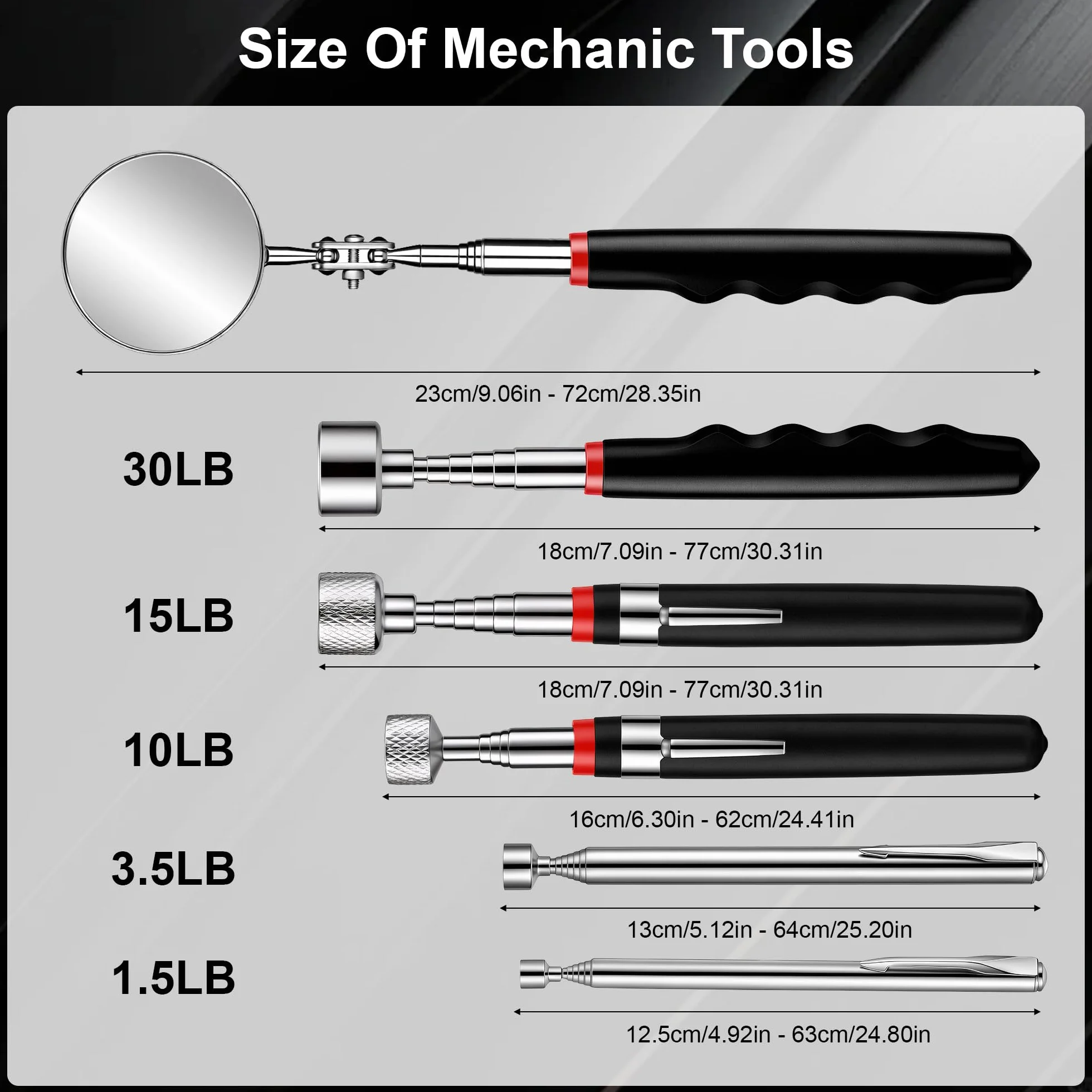 6 Pezzi Penne Calamita Telescopiche, 1,5/3,5/10/15/30lb Aste Telescopiche Magnetiche Flessibili con Specchio Rotondo, Set di Strumenti per Raccolta Magnetica, Magneti Extra Potenti, Utensili Auto
