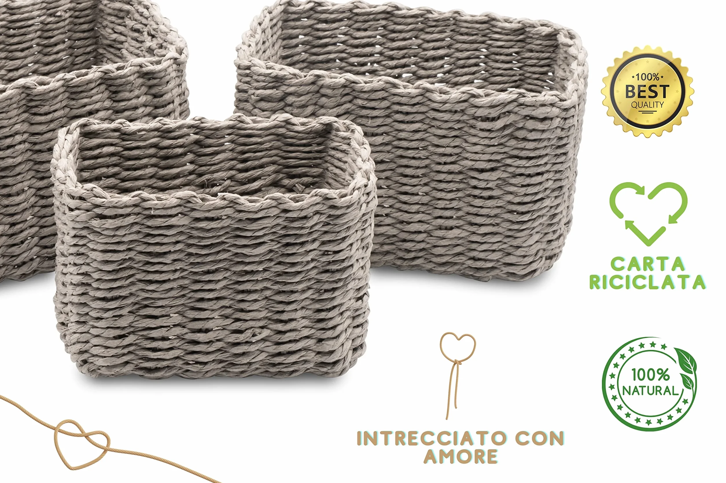 Set da 3 Cestini Portaoggetti, Porta Oggetti per il Bagno Salvaspazio, Cestino Organizer in Carta EcoFriendly, Cestini Intrecciati e Impilabili 22x14x13 cm Grigio I