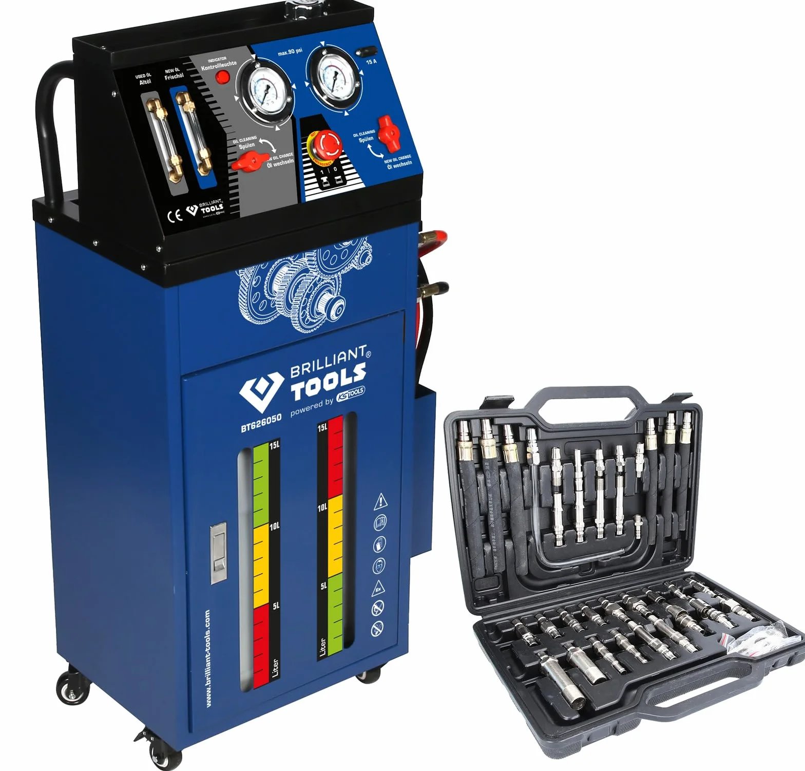BRILLIANT TOOLS BT626050 Dispositivo di lavaggio della trasmissione per il cambio automatico inclusa serie di adattatori da 35 pz [Powered by KS TOOLS]