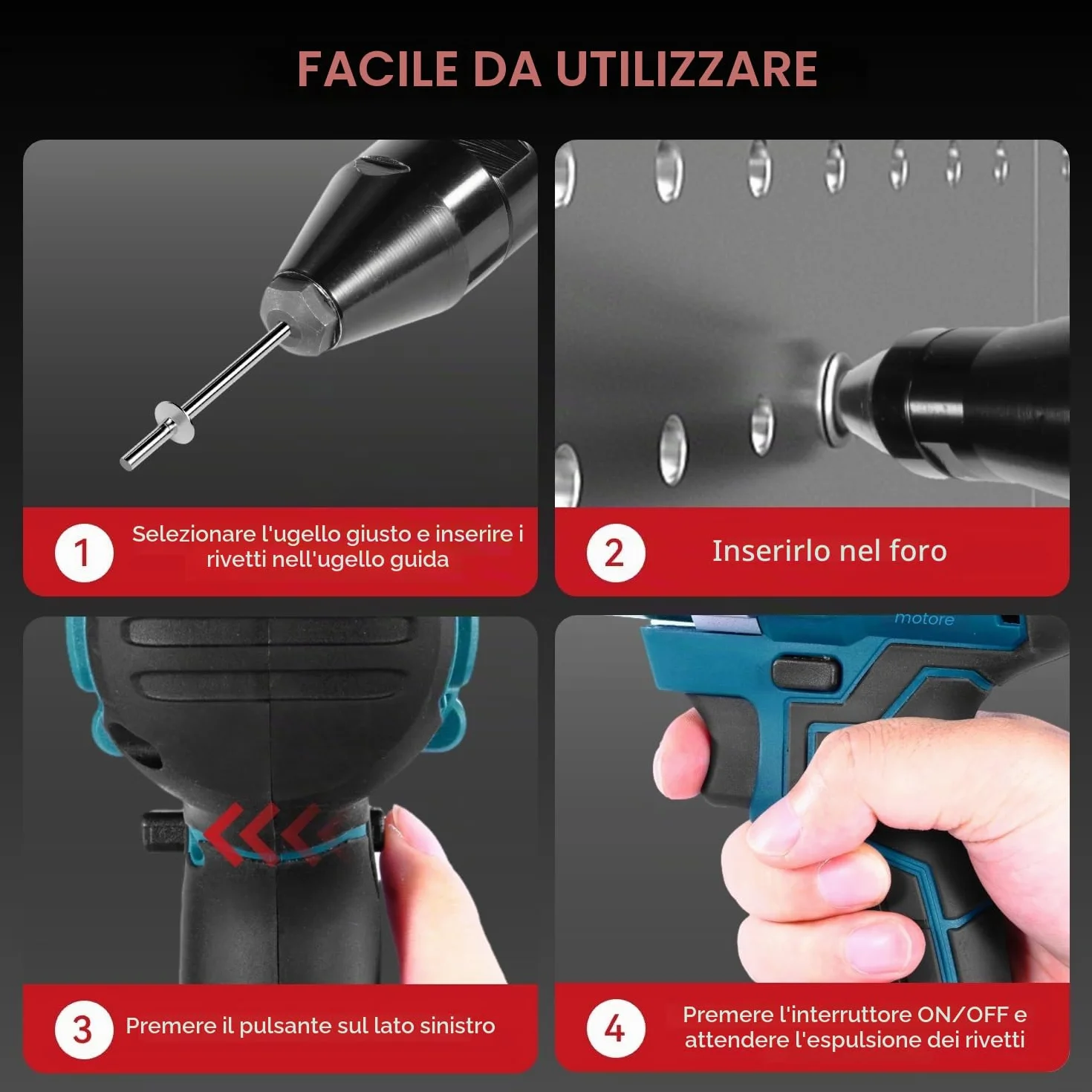 ONEVAN Pinza per rivetti a batteria, 20000N, corsa 20mm, senza spazzole, automatica, 2 batterie, 4 guide