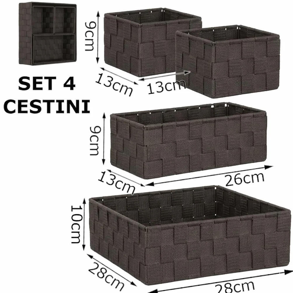 OCEANO Set 4 Cestini Portaoggetti Intrecciati Organizer Bagno e Cassetti Scatole Salvaspazio in Tessuto per Trucchi Asciugamani Accessori (Marrone)