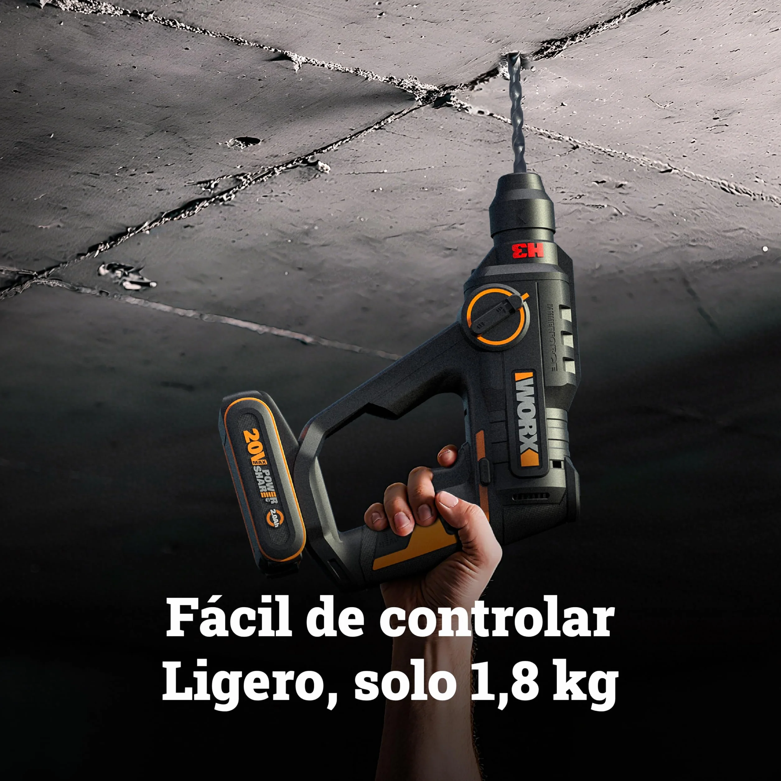 WORX Martello perforatore senza fili 20 V 1,2 J WX391, foratura rapida in calcestruzzo, 3 funzioni in 1, fornito con 10 punte per calcestruzzo, legno e metallo, batteria 2 Ah e caricatore rapido 2 A