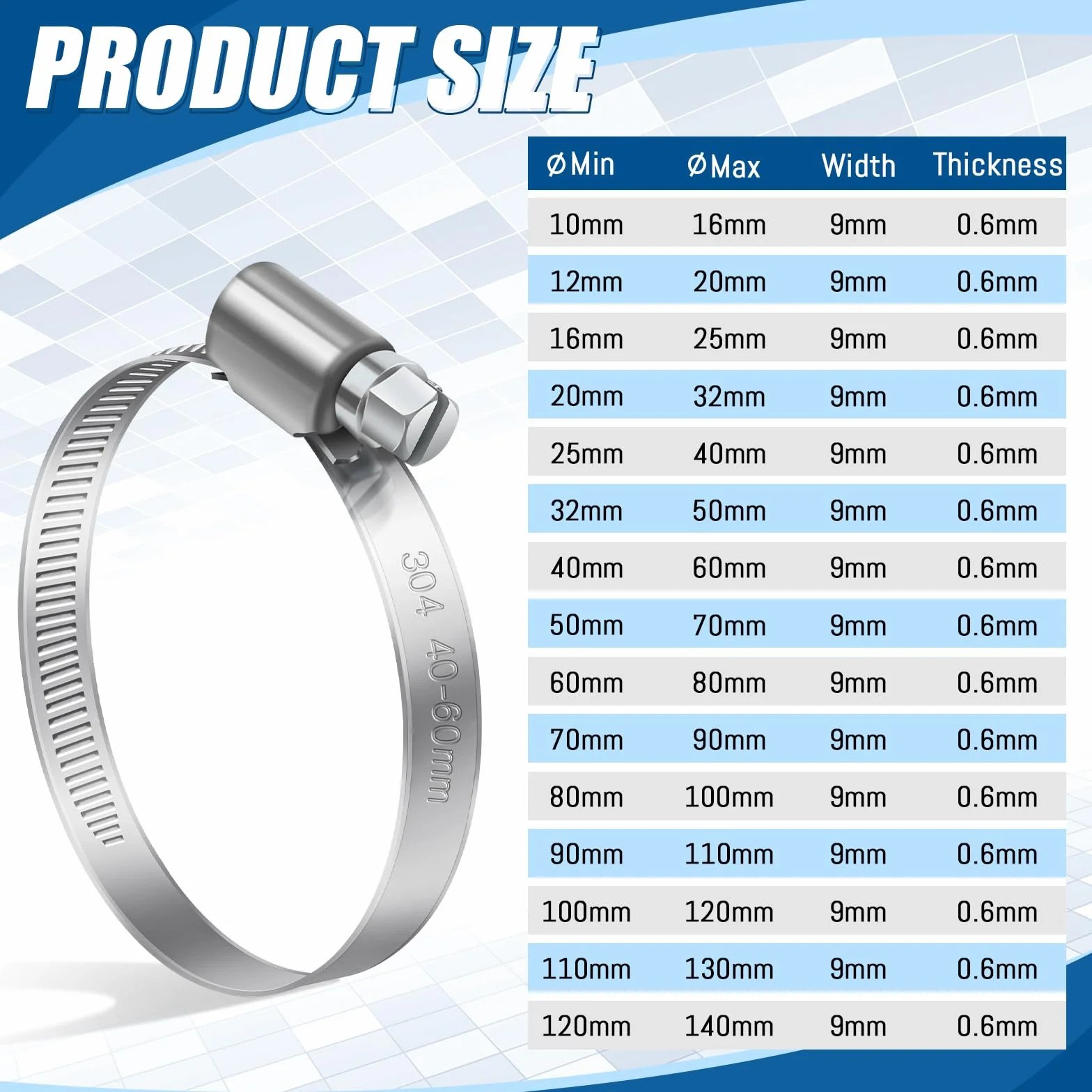 Bolatus Morsetti per tubi a vite senza fine, acciaio inox 304, regolabili, 50-70 mm, 4 pezzi, argento