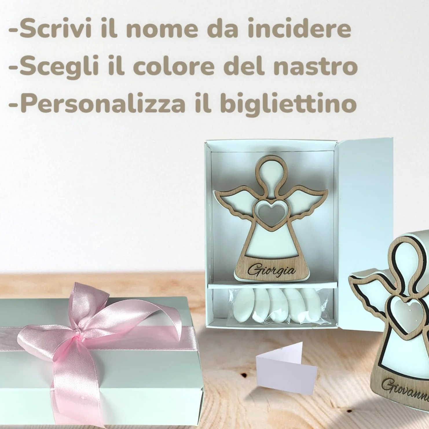 D A N A E FRAGRANZE ITALIANE Angelo in Legno e Polvere di Marmo, Personalizzabile, 10 x 9 cm, Bomboniera per Battesimo, Comunione