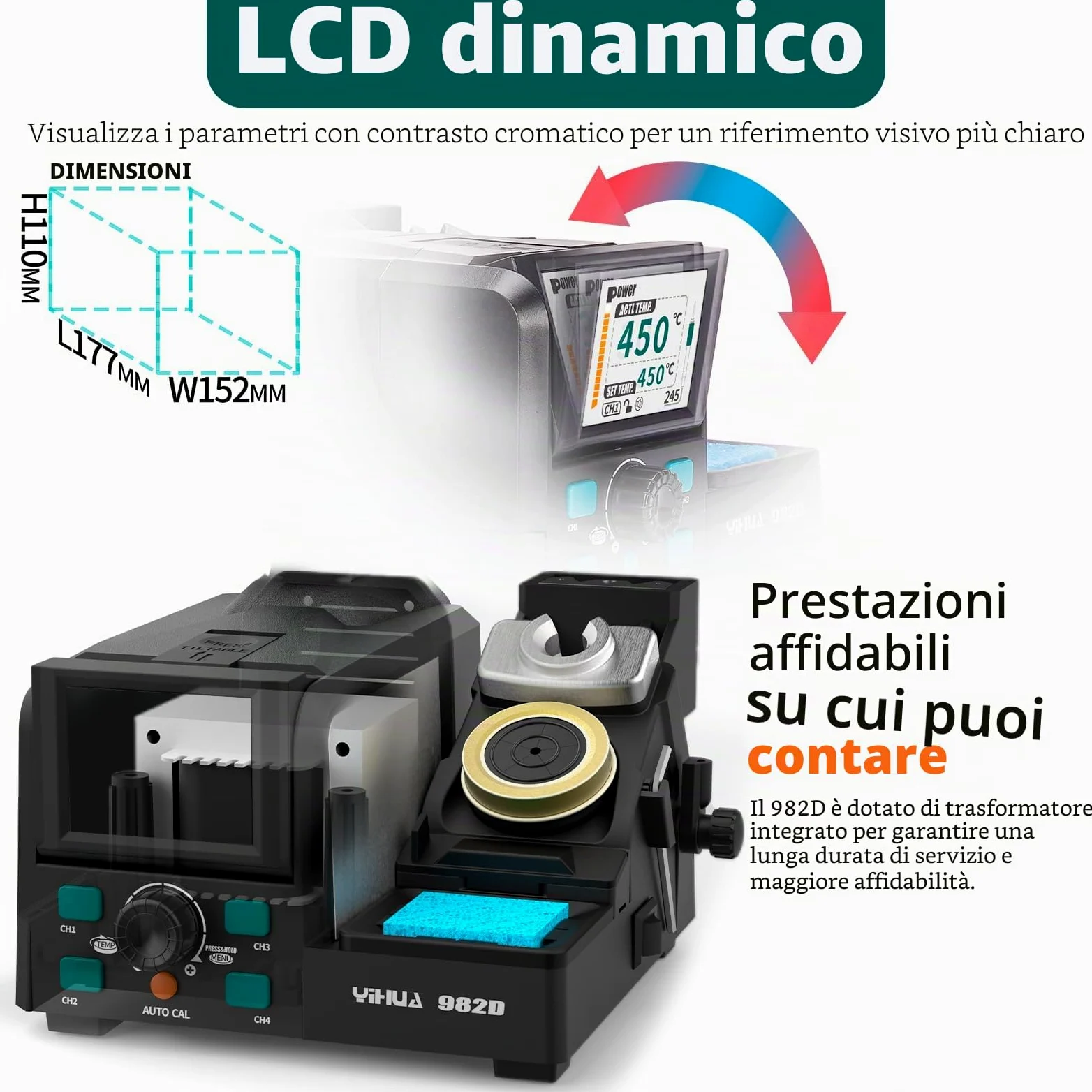 YIHUA 982D Stazione Saldante di Precisione con saldatore a stagno Punte C210 e C245, Filo di Saldatura Senza Piombo, Impugnatura Compatibile con C210 & C245, Calibrazione Automatica della Temperatura