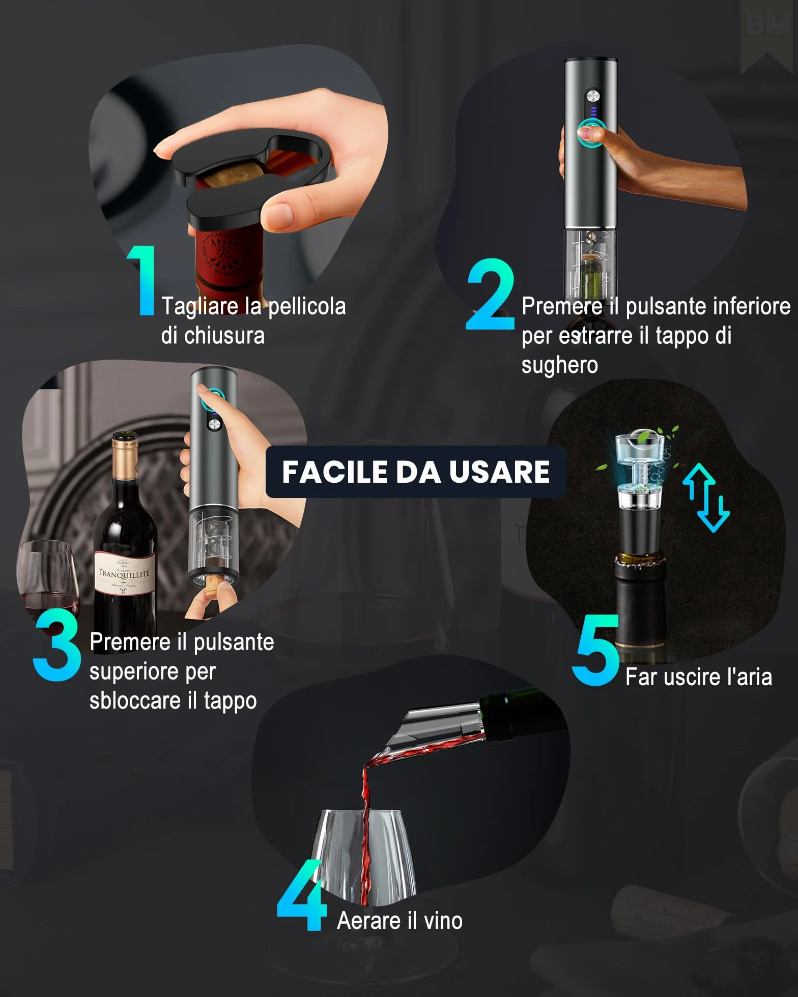 Cavatappi elettrico ricaricabile inox per vino, apribottiglie elettrico idee regalo uomo donna compleanno con aeratore vino, 2 tappi sottovuoto, taglierina per fogli di alluminio e cavo USB