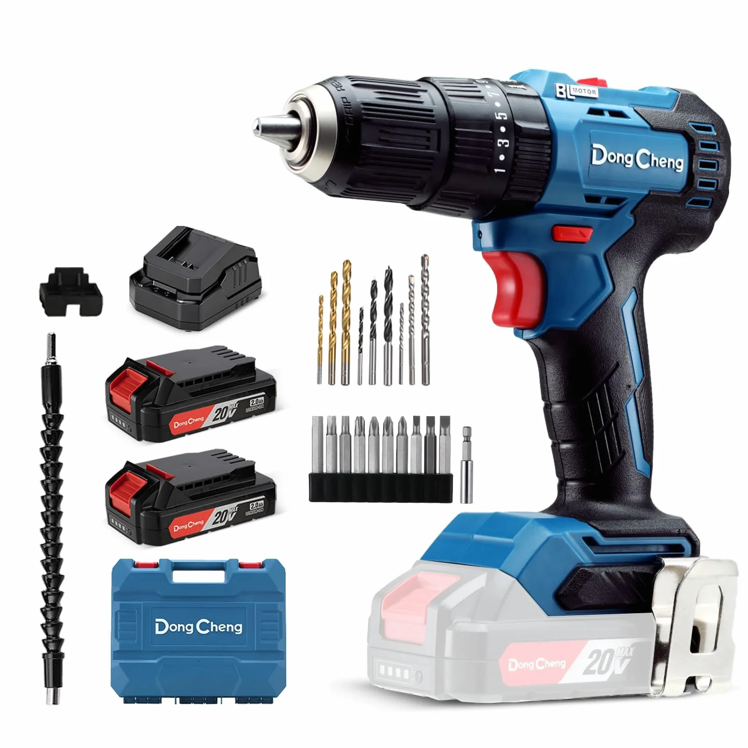DongCheng trapano percussione a batteria 20V 50 Nm, trapano avvitatore batteria con 2 Batteries 2,0Ah, motore brushless, 20+1+1 Coppie, 2 velocità, mandrino 13 mm,19 Accessori