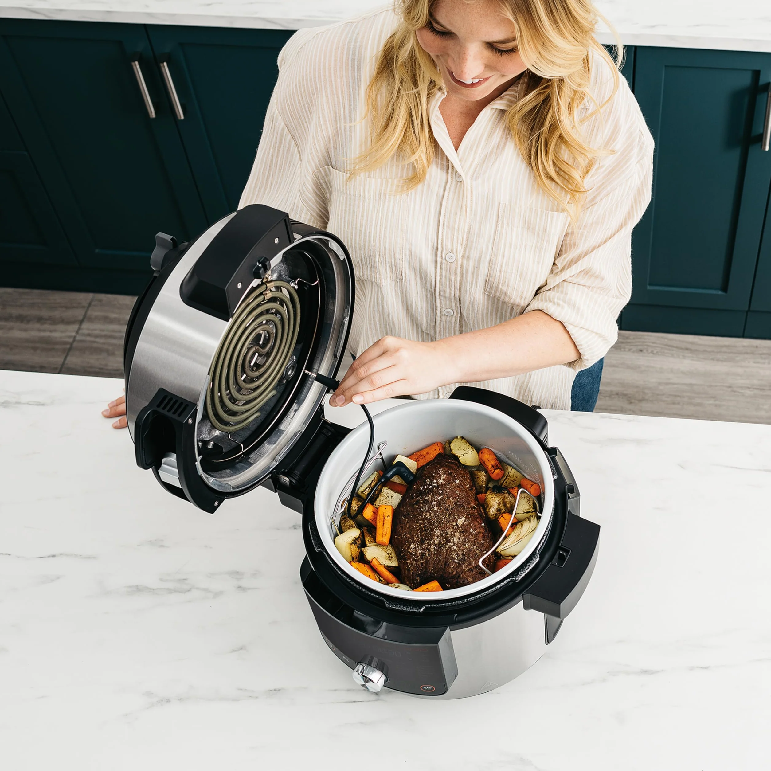 Ninja Foodi MAX Multicooker con Coperchio SmartLid e Sonda Digitale, 14 Funzioni, Cottura Intelligente, 7.5L, Pentola a Pressione, Friggitrice ad Aria, Cottura a Vapore, Griglia, Acciaio, OL750EU