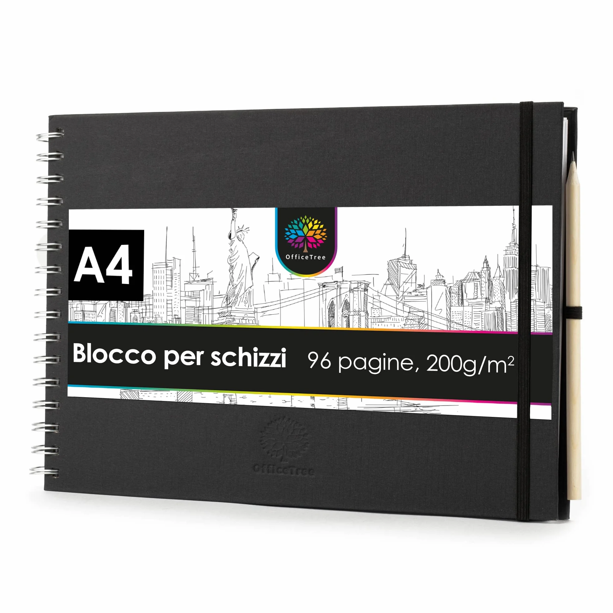 OfficeTree Taccuino per schizzi, formato A4, con rilegatura a spirale, formato orizzontale, 96 pagine, 48 fogli, formato A4, 200 g, carta bianca vergine, libretto di schizzi acquerello, matita inclusa