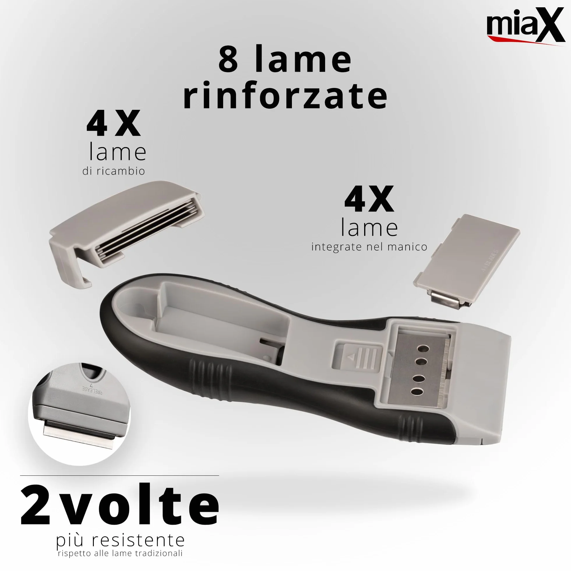 miaX Premium Spatola Multiuso 2.0 – Raschietto rimuovi silicone, con 8 lame di ricambio integrate – per piano induzione, vetro, adesivi, vernici