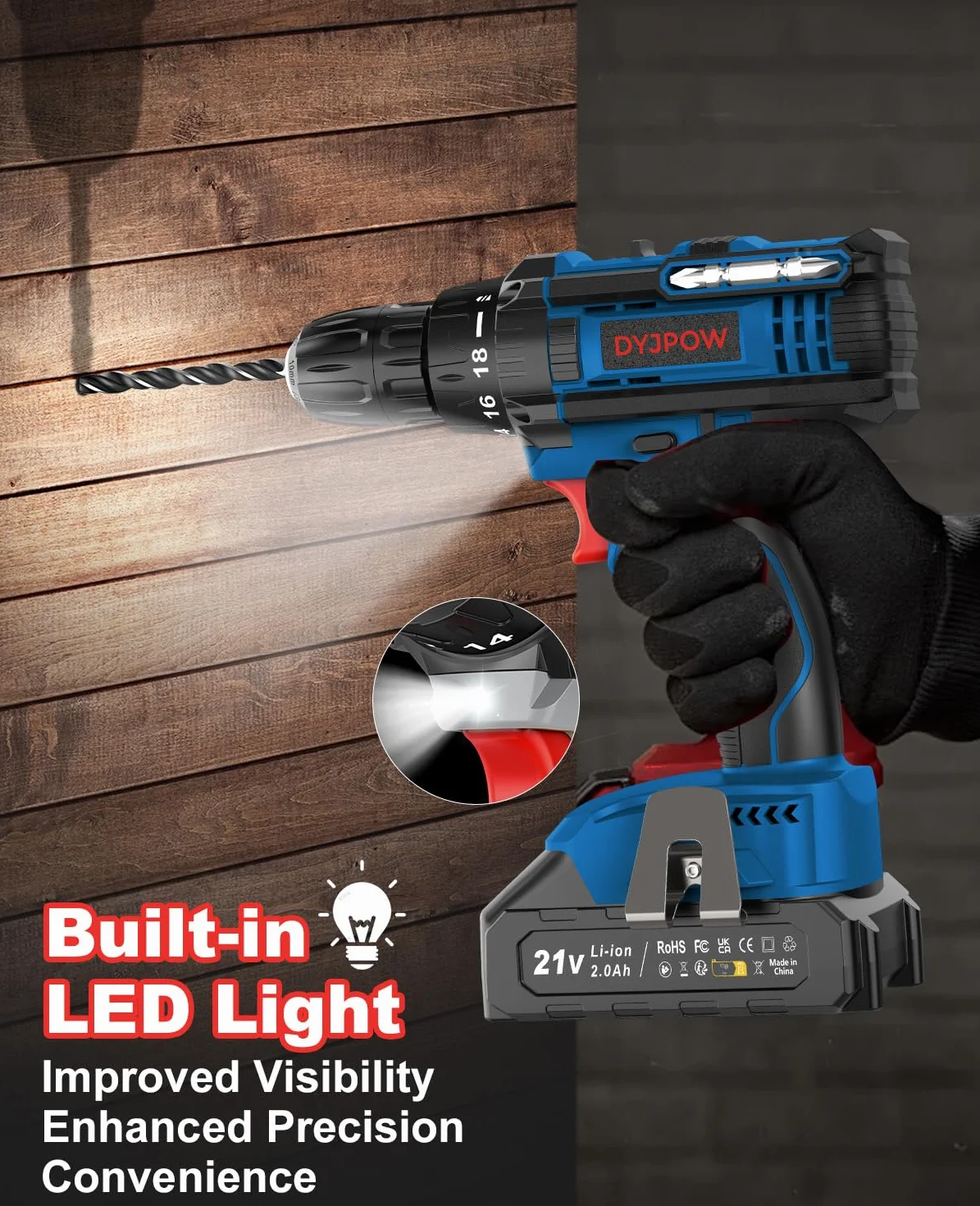 Trapano Avvitatore Batteria 21V, Avvitatore a Batteria con Batterie da 2.0Ah, 42N.m di Coppia, 2 Velocità, 18+1 Coppia, 22 Accessori, Luce a LED, Per il fai da te, in Casa e Giardino, Blu