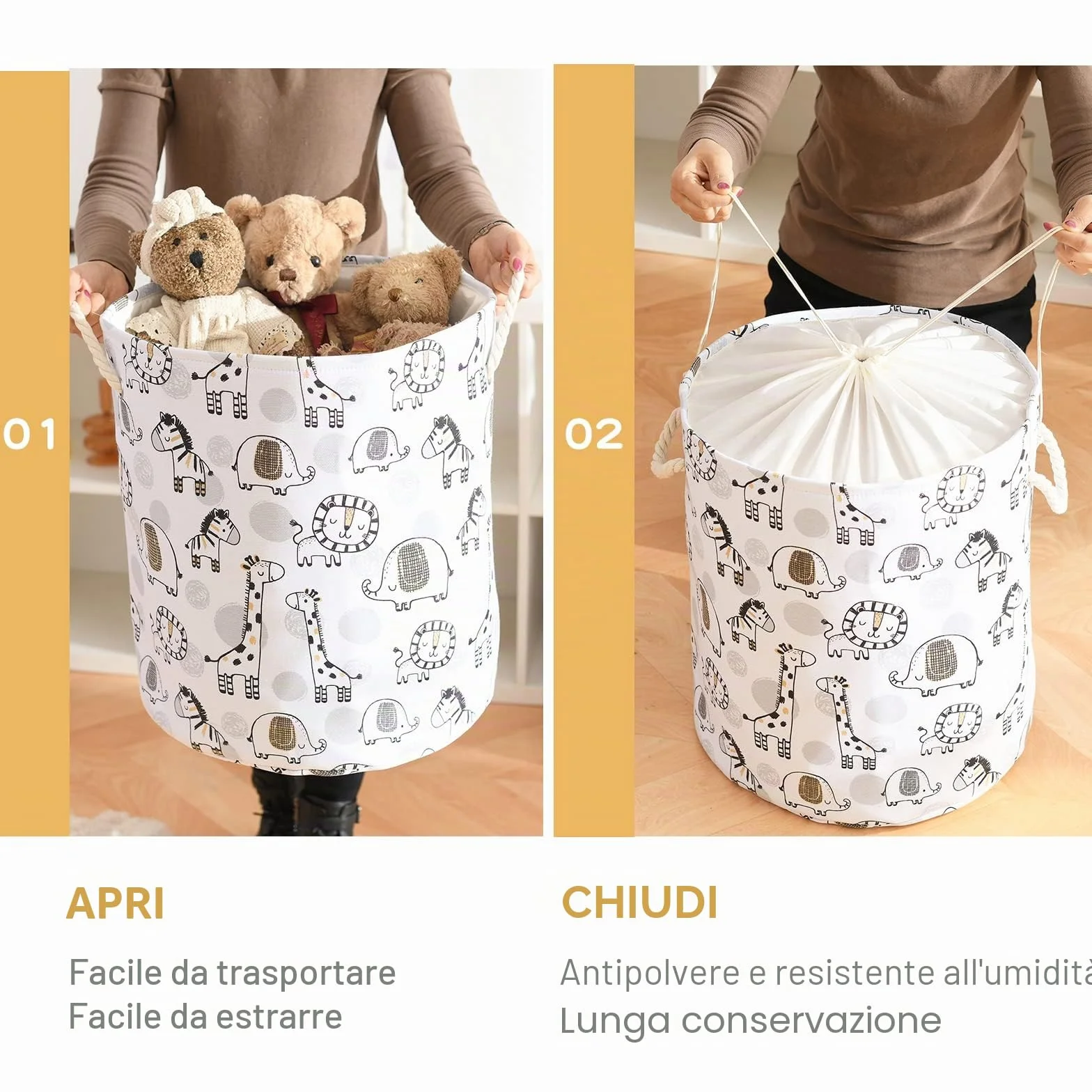 Ceste per la Biancheria 58L Très Grand Cesto Giochi Bambini, Animaux Safari Pliable Contenitore Bancheria Sporca Cesta Porta Giochi avec Chiusura con Coulisse per Asilo Nido Camera dei Bambini