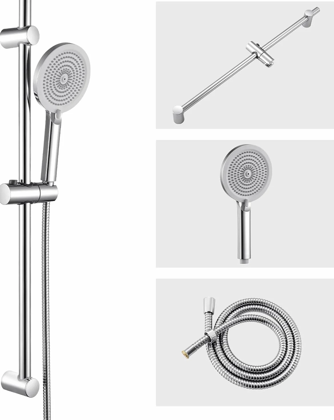 Auralum Saliscendi Doccia con Soffione, Set Doccia con Asta Doccia Saliscendi in Acciaio Inox (70cm), Inox Tubo Flessibile (150cm) e Soffione (4 Funzioni,12.7cm) con Supporto Soffione Doccia, Cromato