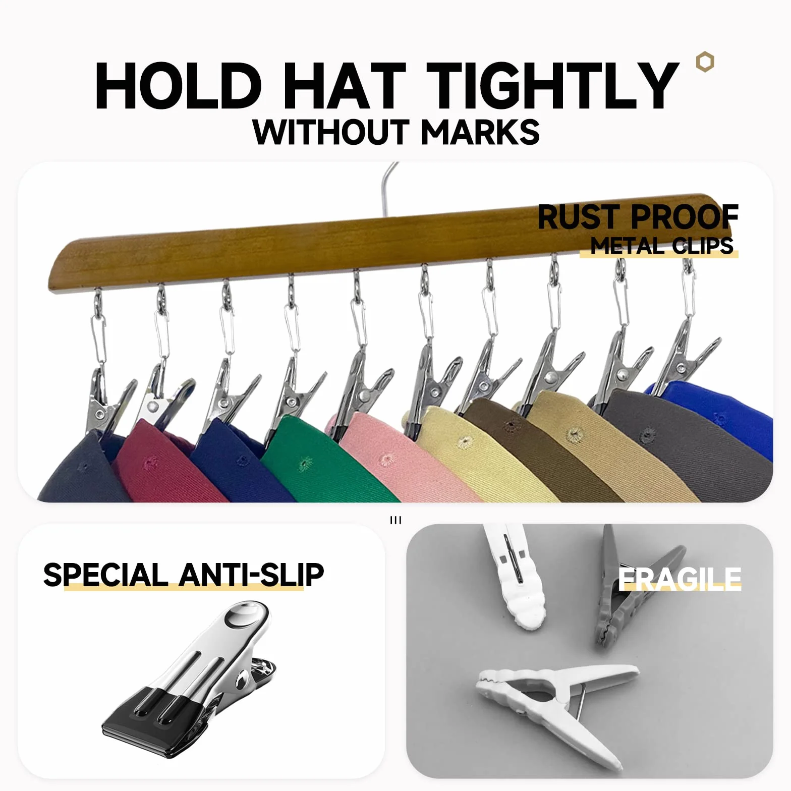 Set di 2 organizzatori per cappelli in legno per armadietto, portacappelli per cappellini da baseball, con 10 clip regolabili in acciaio inox, per cappellini da baseball, adatto a tutti