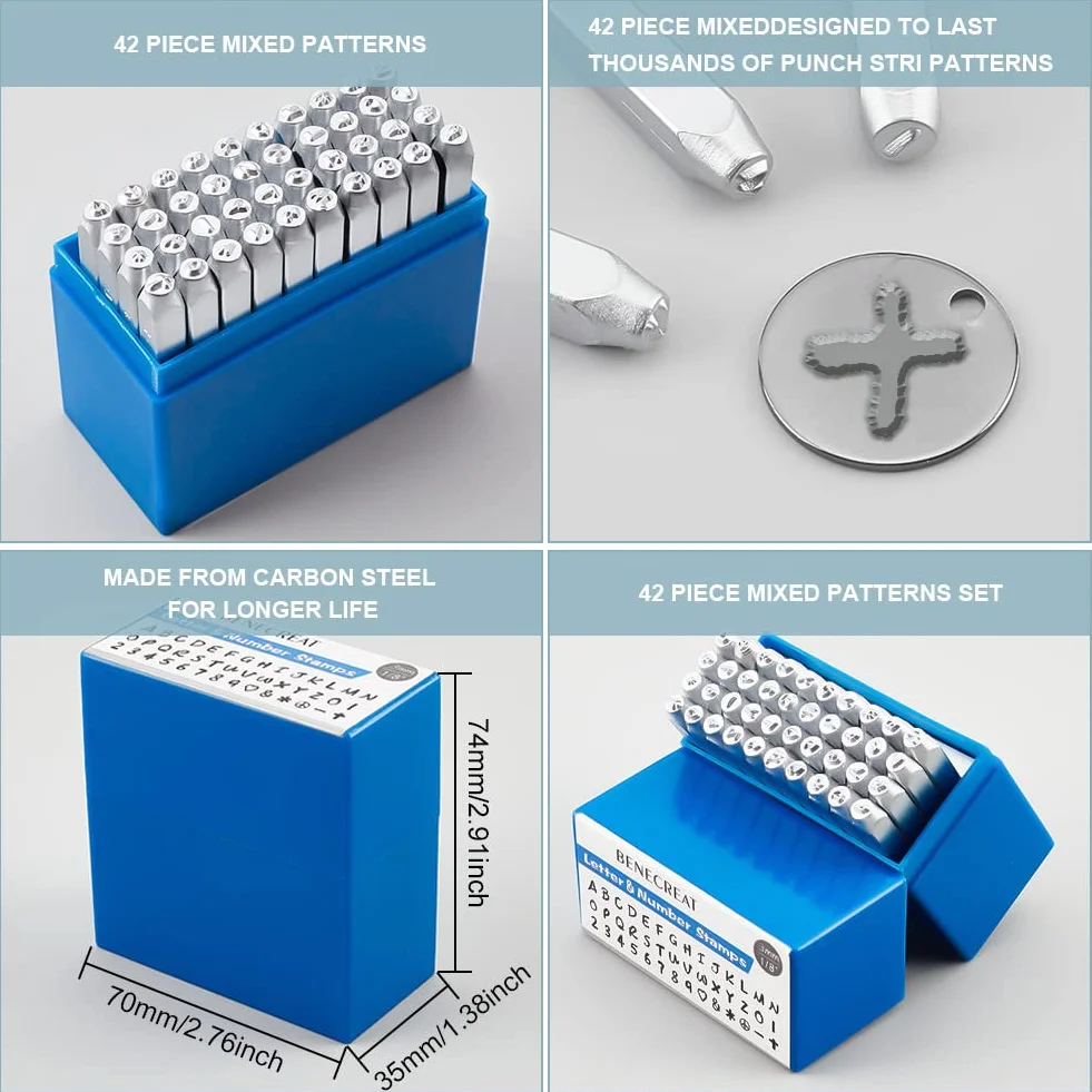 BENECREAT 42PCS 3 mm Timbro in Metallo con Lettere e Numeri, Effetto Opaco Punzoni per Metallo, Acciaio al Carbonio, A-Z e 0-9, Timbri in maiuscolo Punzone per Segni in Pelle Metallizzata