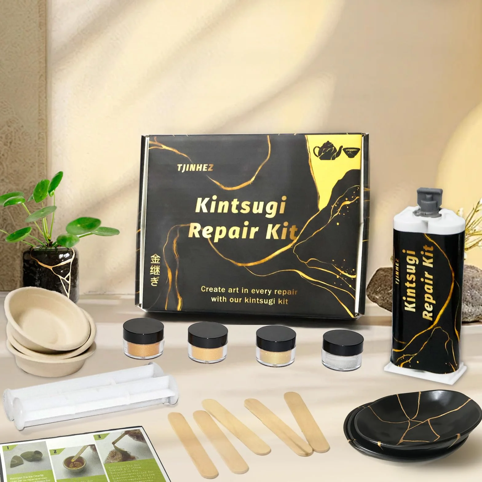 Kit di Riparazione Kintsugi 50ml - Colla Alimentare Oro per Porcellana e Ceramica | Set di Riparazione Oro Adatto per Ceramica, Porcellana, Vetro, Giada e Sculture