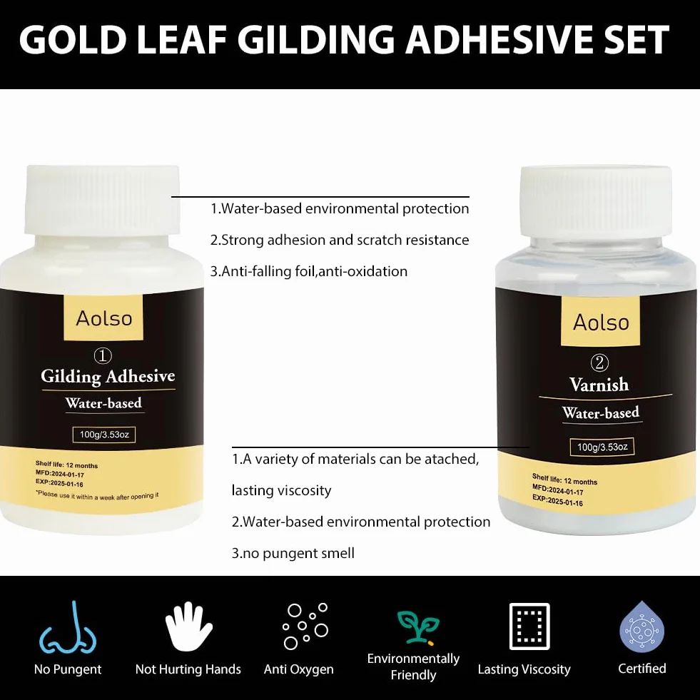 Aolso Set Adesivo per Doratura con Foglia Oro, 100ml Base d'Acqua Adesivo per Doratura e 100ml Vernice Protettiva, 100 Pezzi di Foglia d'Oro Per Decorazioni per Artigianato, Mobili e Pittura