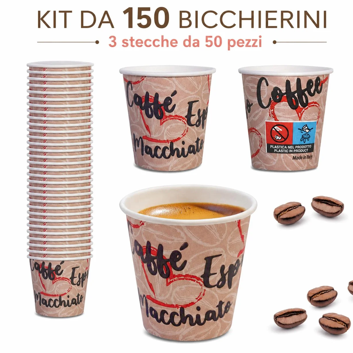 Caffetti Carta Bicchierini Caffè 90 ml Made in Italy 150 Pz Monouso Espresso