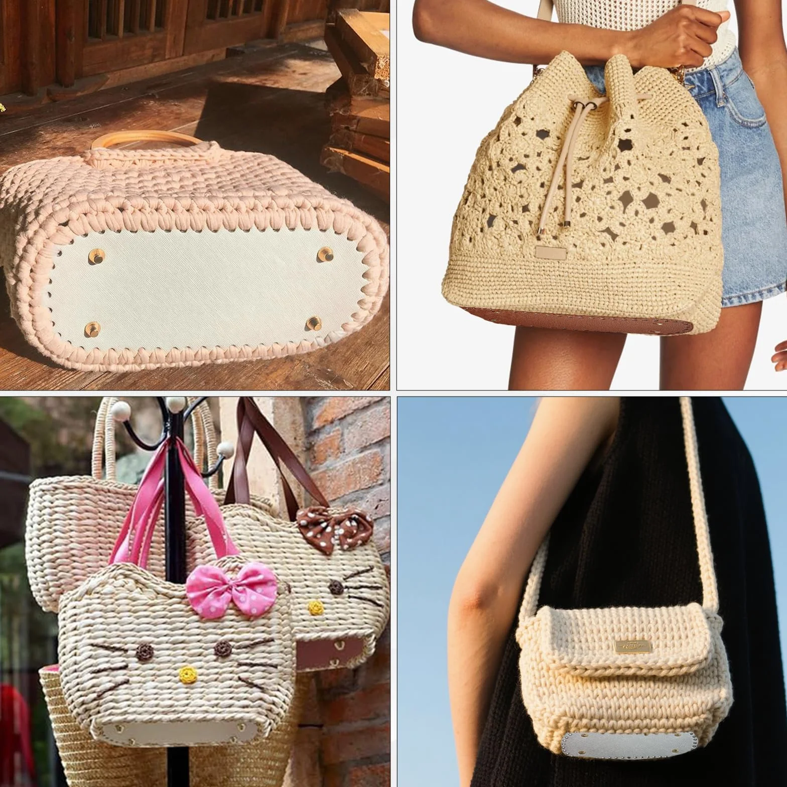 Set di 4 Basi Borsa Pelle PU Fondo Borsa Uncinetto 22×10cm Fondi Ovali con Fori per Borse Uncinetto