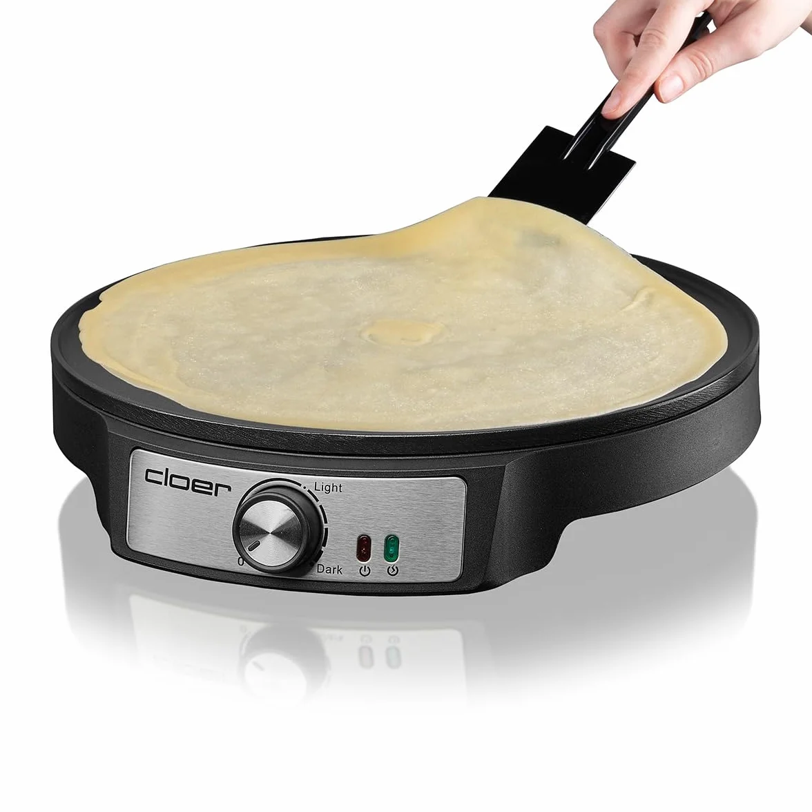 Cloer 6620 Crepiera Elettrica, per crêpes dolci o salate con 29 cm Ø, 1200 W, rivestimento antiaderente, spalmatore e tornitore incluso, nero