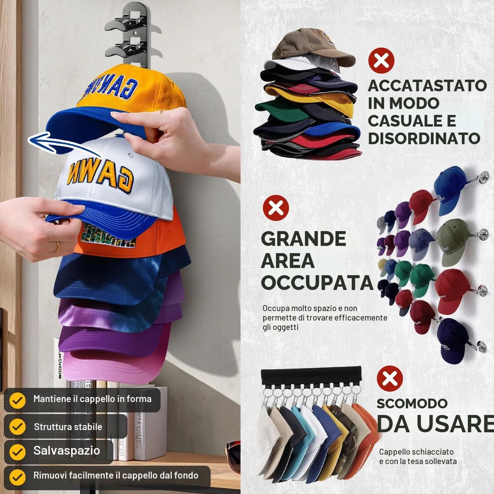 Porta Cappelli Muro Gancio Plastica Cappelliera Parete Ganci Resistente Organizzatore Cappelli Berretti Visiera Nero