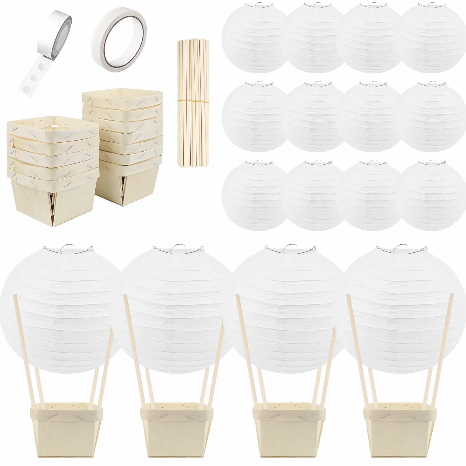 Lanterne di Carta per Palloncini ad Aria Calda DIY Scatole di Legno con Bastoncini Decorazione Festa Compleanno Natale (Bianco)