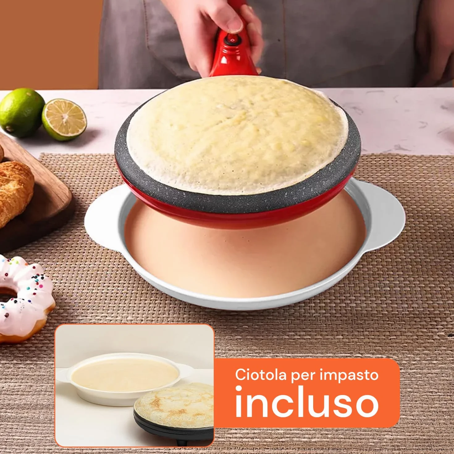 Wintem Yummi Crepiera Elettrica ad Immersione 600W - Set Completo con Ciotola e Frusta - Piastra Antiaderente Ø 20 cm - Macchina per Crepes Sottili, Pancake e Tortillas - Facile da Pulire - Rossa