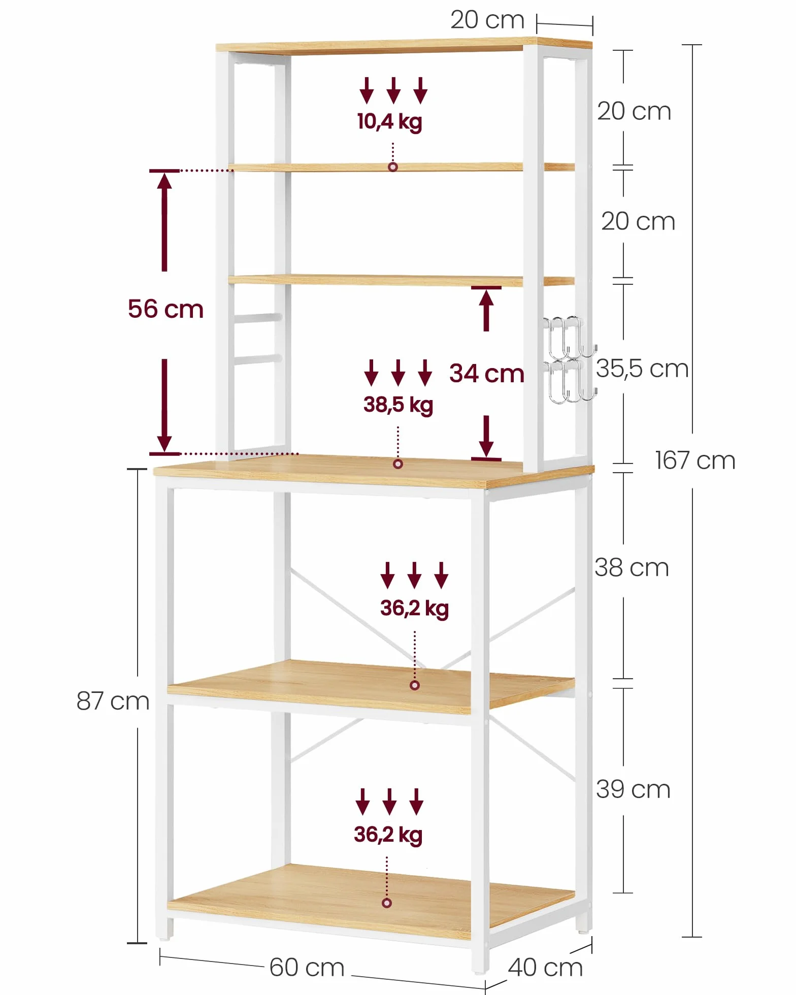 VASAGLE Scaffale Cucina, Mobile Cucina, Scaffale per Microonde, 6 Ripiani, 6 Ganci, Struttura in Acciaio, Stile Rustico, 40 x 60 x 167 cm, Rovere Dorato e Bianco Nuvola KKS024W09