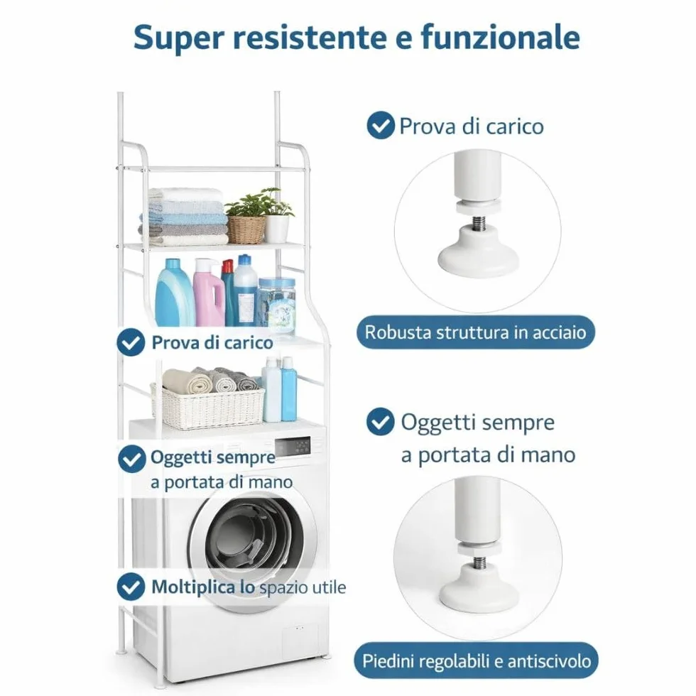 Scaffale Sopra Lavatrice in Metallo – Libreria Salvaspazio 3 Ripiani – Struttura Super Resistente – Piedini Antiscivolo – Organizer Lavanderia 65x25x160 cm – Bianco