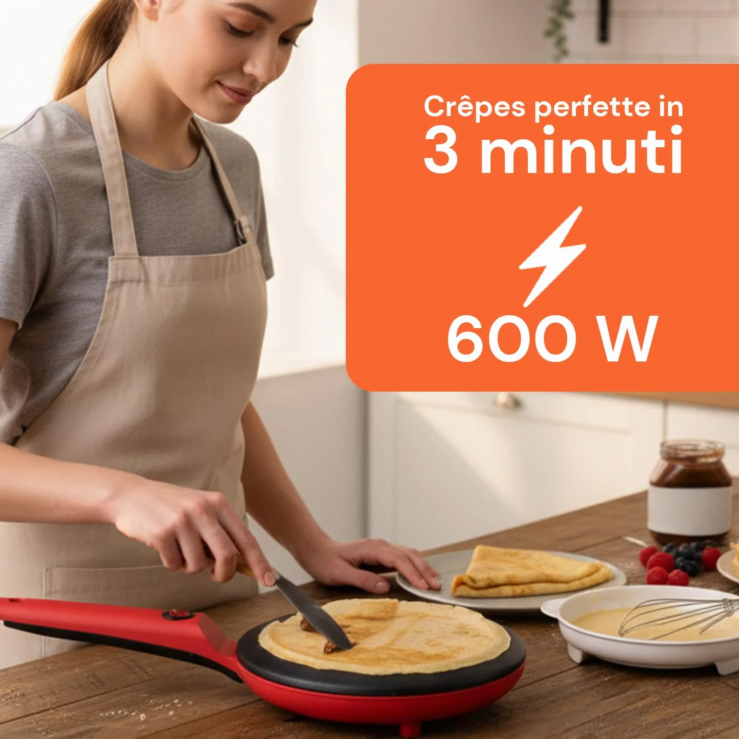 Wintem Yummi Crepiera Elettrica ad Immersione 600W - Set Completo con Ciotola e Frusta - Piastra Antiaderente Ø 20 cm - Macchina per Crepes Sottili, Pancake e Tortillas - Facile da Pulire - Rossa