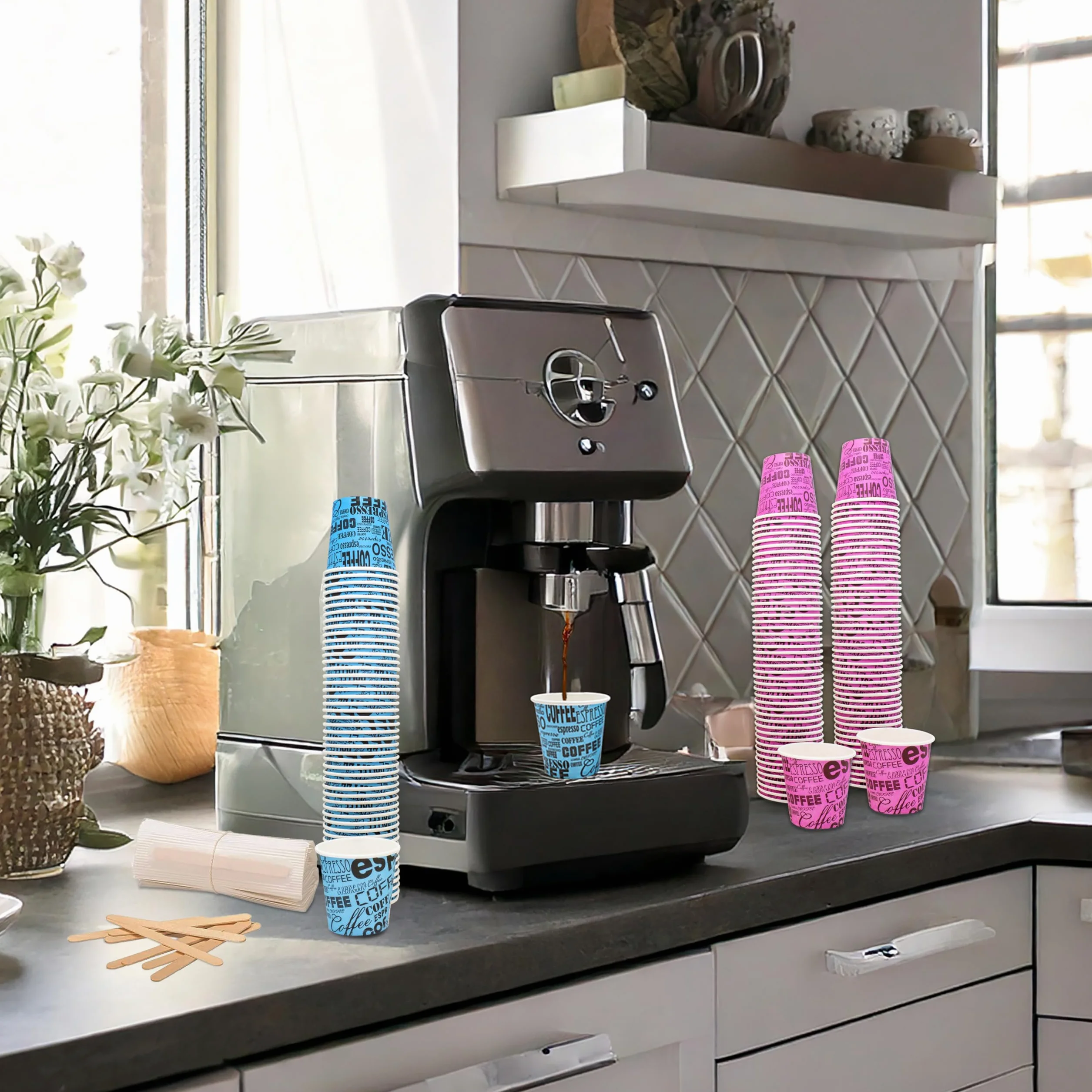 Bicchierini Caffè 75 ml 2,5 oz Carta Colorati Usa e Getta Riciclabili Set 500 + 500 Palette