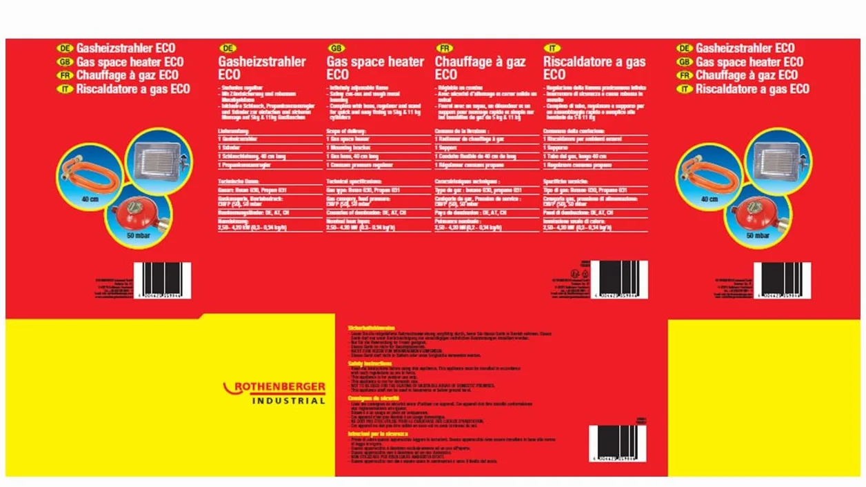 ROTHENBERGER Heiz – Strahler inkl. Schlauch & Regler Gasheizstrahler, Aufsatzheizstrahler, betrieben mit Propan - Gas Für 5 Kg oder 11 Kg Flaschen, 35984